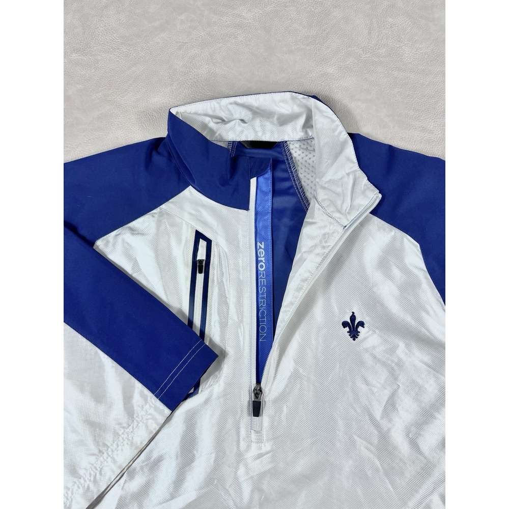 Zero Restriction Windbreaker Jacket Size Large Blue White Half Zip Golf Pullover